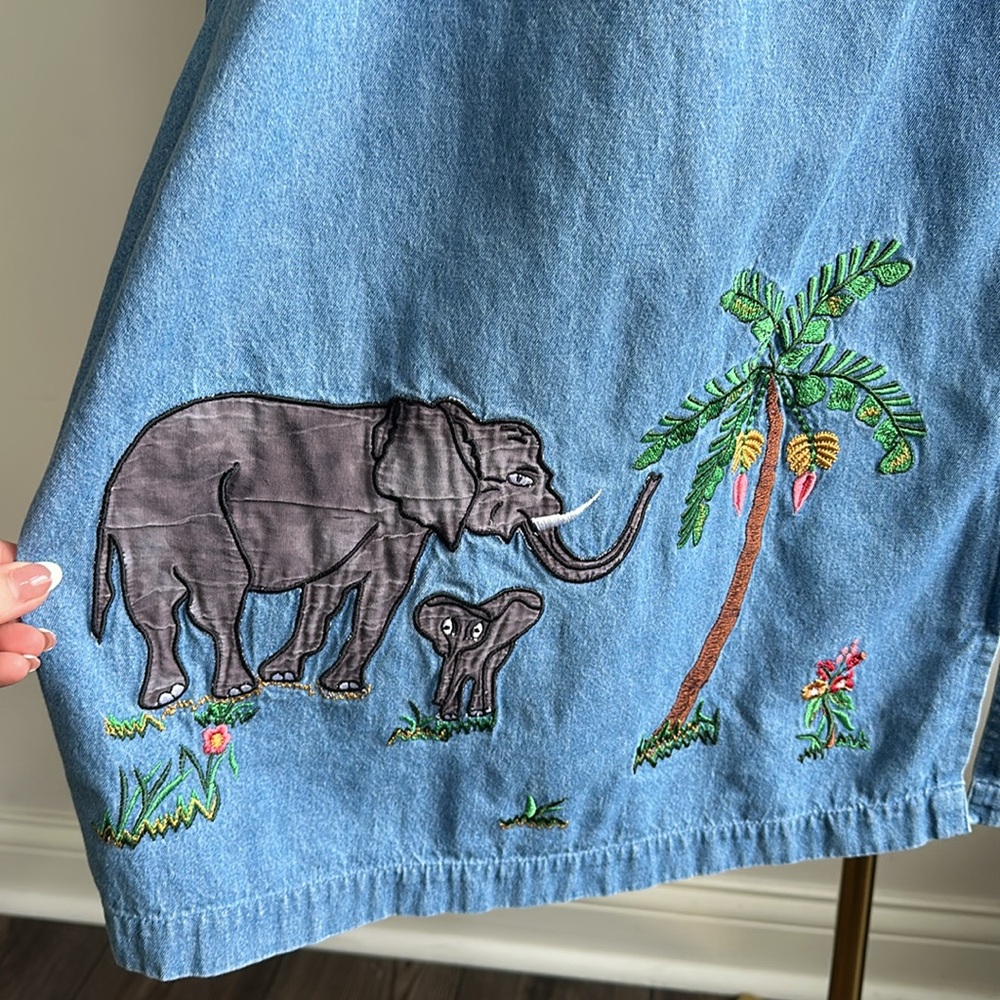 Vintage Women’s Plus Size Denim Embroidered Safari Art‎ Full Zip Pocket Dress 2X - Picture 4 of 10